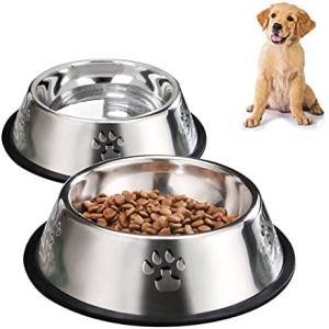 2 Stainless Steel Dog Bowls, Dog Feeding Bowls, Dog Plate Bowls with Rubber Bases, Small, Medium and Large Pet Feeder Bowls and Water Bowls