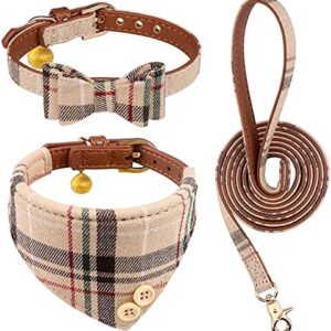 3 PCS Dog Collars for Small Dogs Puppy Collar and Leash Set Dog Bow Tie with Bell Puppy Bandana Leather Dog Collar for Small Dogs Puppies and Cats(Beige)