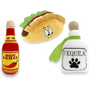 3 Pack Fiesta Dog Chew Toy - Mexican Squeak Plush Toys - Dog Gifts for Chihuahuas - Taco - Tequila - Hot Sauce