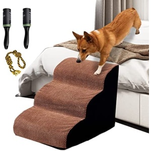 3 Tiers Foam Dog Ramps/Steps,Non-Slip Dog Steps,Extra Wide Deep Dog Stairs,High Density Foam Pet Stairs/Ladder,Best for Older Dogs,Cats,Small Pets,with 2 Dog Rope Toy,Color Brown Rostpet, Red