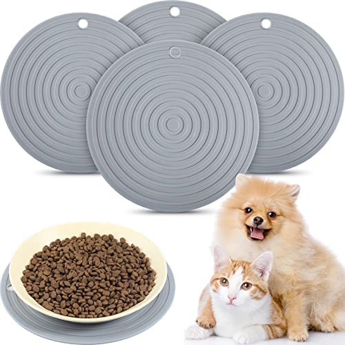 4 Pieces Pet Food Mat for Dog and Cat, Silicone Pet Food Placemat Round Dog Bowl Mat Dog Feeding Mats for Medium and Small Pet Preventing Food and Water Overflow, 9.5 Inch