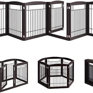 4NM No-Assembly Folding 144" Extra Wide 30" Tall Wooden Dog Gate with Door Walk Through, Freestanding Wire Pet Gate, Accordion Puppy Gate, with 2PCS Support - Espresso