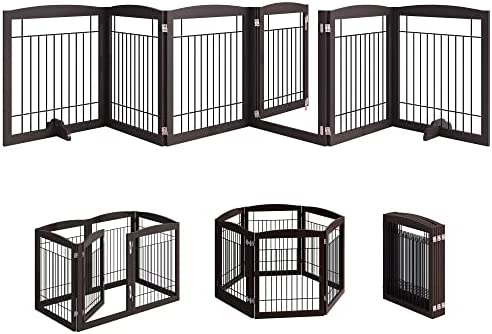 4NM No-Assembly Folding 144" Extra Wide 30" Tall Wooden Dog Gate with Door Walk Through, Freestanding Wire Pet Gate, Accordion Puppy Gate, with 2PCS Support - Espresso