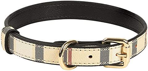 ANYDERTS Puppy Leather Collar, Fashionable Checked Pattern Collars for Cat Dog, Soft Breathable Genuine Leather Collars with Rust Proof Alloy for Small, Medium, Large Dogs