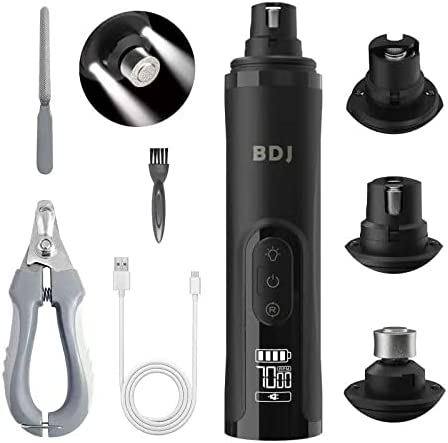 BDJ Dog Nail Grinder with 2 LED Lights Upgraded 3-Speed Electric Recharge Pet Nail Trimmer with Clippers & Files Powerful Painless Paws Grooming & Smoothing for Small Medium Large Dogs & Cats