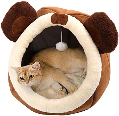 Cat Beds for Indoor Cats - Cat Bed Cave with Removable Washable Cushioned Pillow, Soft Plush Premium Cotton No Deformation Pet Bed, Roomy Bear Cat House Design, Multiple Sizes
