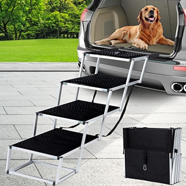 Extra Wide Dog Stairs, Dog Ramps for Large Dogs SUV, Foldable Dog Steps with Non-Slip Surface, Lightweight Aluminum Dog Car Stairs Pet Ramps for High Beds, Trucks, Car, Supports up to 200lbs