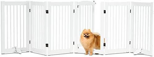 HABUTWAY Freestanding Dog Gates for The House 6 Panels Extra Wide Dog Gate Indoor Outdoor with 2 Support Feet, 124'' Wide 30'' Tall Wooden Pet Gates for House,Fireplace,Stairs,Doorways (White)
