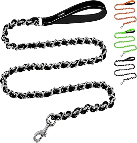 HOMIMP Chain Dog Leash Reflective Chew Proof Metal Leash for Large Dogs 6 FT and Comfortable Soft Padded Handle, Anti Bite Durable Dog Leash with Rope Lead, Non Chewable Heavy Duty Big Dog Leashes