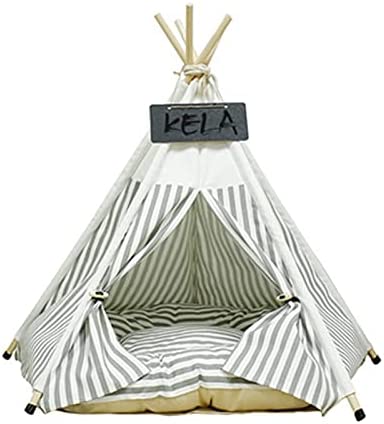 LNCHJUN Pet Tent Pets Teepee Dogs Tent Stripes Cat Bed Play House with Cushion Pet Teepee Dog Cat Bed Portable Cotton Canvas Tent Convenient and Durable