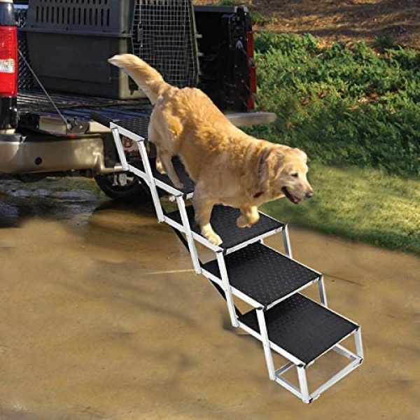 Portable Dog Stairs for Large Dogs, Foldable Aluminum Lightweight Pet Ramps,Accordion Pet Ladder Dog Car Steps with Non-slip Surface for High Beds, Trucks, Cars and SUV, Supports up to 200 lbs