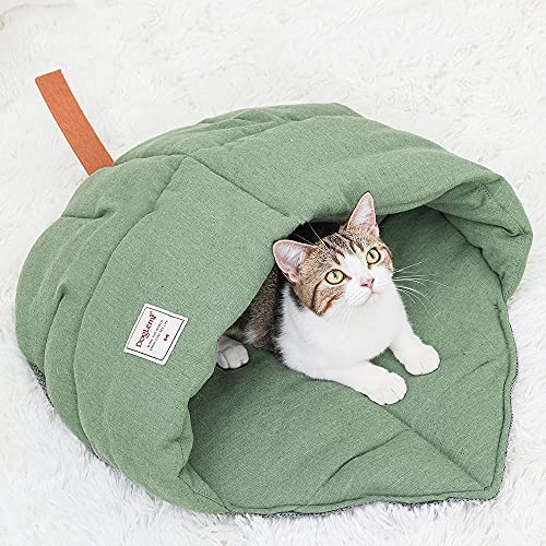 TANGN Cat Sleeping Bag , Linen Fabric Cat Bed Cave Leaf Nest Pet Cuddle Zone Covered Hide Hood Burrowing Cozy Soft Durable Washable with Non-Slip Bottom for Indoor Puppy and Kitten (Green), PD50082