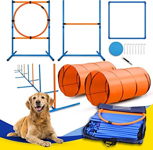 YON.SOU. Dog Agility Training Equipment 15Pcs Dog Agility Course Kit Indoor or Outdoor Games,Agility Training Equipment for Dogs with 2 Tunnels,Weave Poles,Jump and Jump Ring,Pause Box