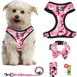 Dog Harness and Leash Set for Small Dogs, Adjustable Reflective No Pull Dog Vest Harness for Puppy with Bow-tie Collar, Leash and Poop Bag