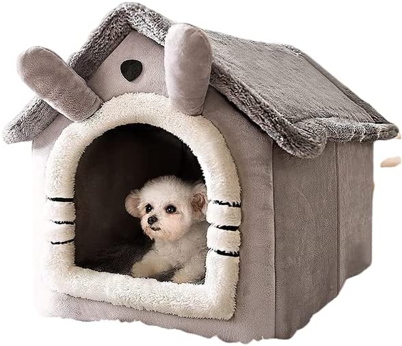 SOUCON Dog Kennel House Type Winter Warm Small Dog Teddy Dog House All Year Round Detachable and Washable Winter pet Supplies(M,Long Eared Grey cat)