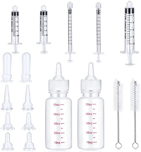 17 Pieces Pet Nursing Bottle Kit Including 2 Pet Feeding Bottle, 8 Replacement Pet Feeding Nipples, 5 Dog Nursing Syringes in 1 Ml, 5 ml and 10 Ml, 2 Cleaning Brushes for Kittens, Puppies, Rabbits