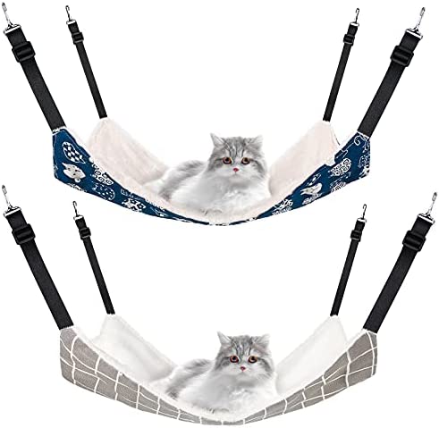2 Pieces Reversible Cat Hanging Hammock Soft Breathable Pet Cage Hammock with Adjustable Straps and Metal Hooks Double-Sided Hanging Bed for Cats Small Dogs Rabbits