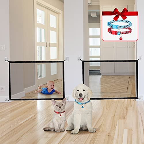2 Pieces Safety Magic Pet Net and 2 Pieces Dog Collar in Red and Blue, Folding Pet Safety Guard Gate Portable Mesh Gate Indoor Pet Barrier for Doorway, Stairs, Gate for Dogs