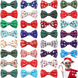 30 Pieces Christmas Dog Bow Ties Dog Collar Bow Ties Attachment with Elastic Bands Dog Collar Detachable Charms for Dogs Collar Grooming Accessories Day Costume Cosplay (Snowman Style)
