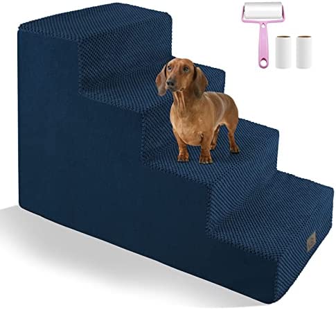 4 Tier Dog Stairs and Steps for Indoor,High Density Foam Pet Stairs for Small Old Dogs Cat,Nonslip Bottom Dog Stairs Ladder with Machine Washable Fabric Cover,1 Free Lint Roller with 2 Refills