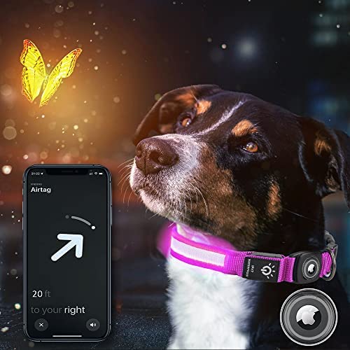 Airtag Dog Collar, LED Apple Airtag Light Up Dog Collar with Apple AirTag Holder Case, USB Rechargeable & Waterproof Air Tag Accessories Pet Collar for Small Medium Large Dogs