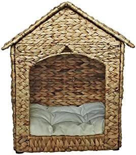 B.U.STYLE EcoFriendly Pet House Indoor, Foldable Puppy Bed, Cat Dog HouseWater Hyacinth House for Indoor Used, and Natural Soft Cushion, Natural Color, 16.1InL x 15.7W x 18.9HIn