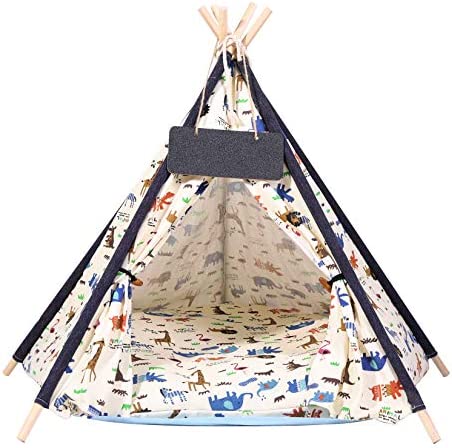 BingoPaw Pet Teepee with Luxury Cozy Cushion,Indoor Cute Cat House with Stable Structure & Strong Rope,Portable Washable Puppy Tents with Blackboard for Puppy Kitten Small Dog