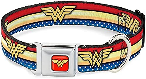 Buckle-Down Dog Collar Seatbelt Buckle Wonder Woman Logo Stripe Stars Red Gold Blue White Available in Adjustable Sizes for Small Medium Large Dogs
