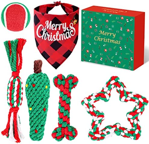 Christmas Dog Toys, 5 Pcs Rope Dog with Dog Christmas Bandanas for Small Dogs, Tough Dog Stocking Stuffers with Exclusive Holiday Box