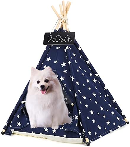 DcOaGt Pet Teepee, Dog Cat House Tent Bed with Cushion,Natural Cotton Canvas Indoor Portable Washable Puppy Tipi Tents for Small Dogs/Cats 24inch Tall, for Pets Up to 15lbs