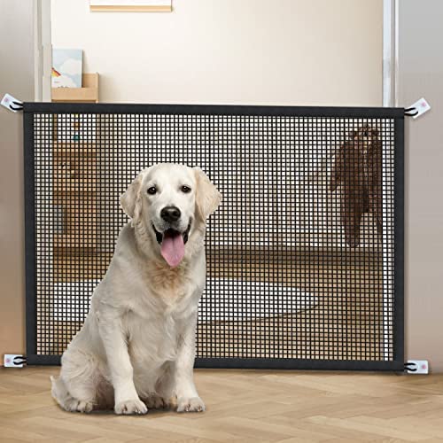 Dog Gates for The House, Magic Indoor Mesh Dog Gate for Stairs and Doorways,Stainless Steel Pole Reinforcement Design.