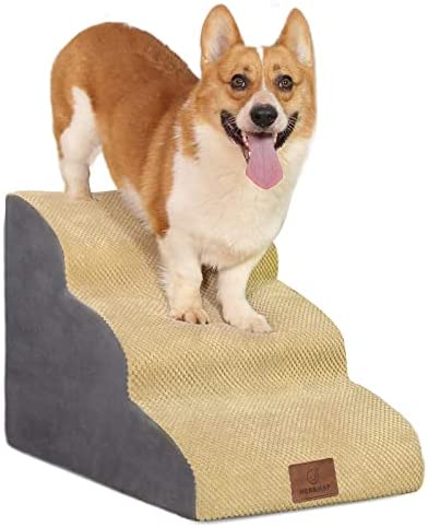 Dog Stairs & Steps for Small Dogs, 3 Tiers High Density Dog Foam Ramp for High Bed, Extra Wide Non-Slip pet Stairs /Steps/Ramp for Couches Dogs Injured, Older Pets, Cats, with pet Hair Remover