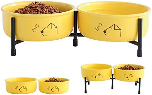 Elevated Ceramic Dog Bowls Set with Adjustable Metal Stand, Raised Double Round Dog Food and Water Bowl, Pet Feeding Dish for Small, Medium, Large Dogs