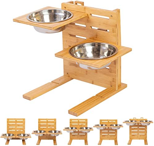 FOREYY Adjustable Raised Dog Bowls,Bamboo Elevated Feeder Stand with 2 Stainless Steel Bowls for Food and Water,5 Level Wooden Pet Dining Table Comfort Feeding Station for Medium Large Big Tall Dogs