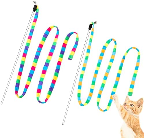 FYNIGO Interactive Cat Rainbow Wand Toys for Indoor Cats and Kittens,Colorful Cat Teaser Wand String Plush Toy,Original Product Strong and Sturdy(2 Pack)