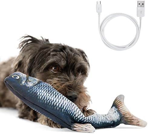 Floppy Fish Dog Toy - Interactive Dog Toy with Moving Tail + Extra Skin | USB Charged Flopping Fish Toy for Dogs up to 30lb | Small Dog Toys Interactive for Excercise & IQ | Machine-Washable Cover