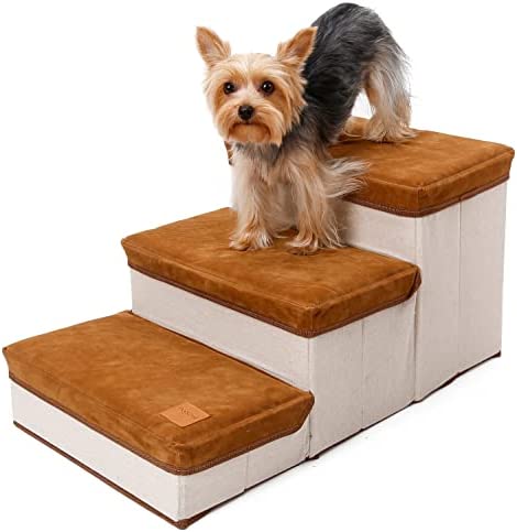 Foldable Dog Stairs, Hesento 3 Tiers Pet Steps and Stairs, Dog Steps for High Bed with Storage and Adjustable Steps, Dog Ramp for Bed Couch for Small Medium Dogs and Cats
