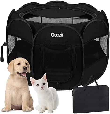 GOOZII Portable Pet Playpen, Foldable Dog Cat Playpen (Black Color/Multi Sizes) Indoor Outdoor, Soft Oxford Pet Exercise Play Tent Kennel Crate for Small Animals + Free Carrying Case