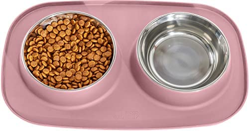 Gorilla Grip Slip Resistant Pet Bowls and Silicone Feeding Mat Set, Catch Water and Food Mess, Raised Edges for No Spills, Stainless Steel Cat and Dog Dish Bowl for Small and Large Pets