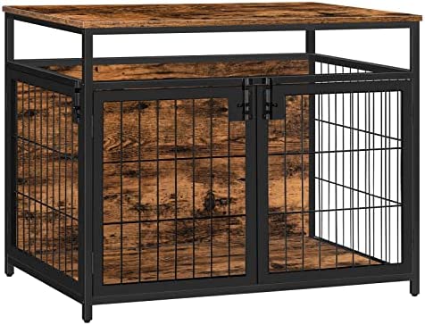HOOBRO Dog Crate Furniture, Wooden Dog Crate, Dog Kennels with 3 Doors Indoor, Decorative Mesh Pet Crate End Table for Large/Medium/Small Dog, Chew-Resistant