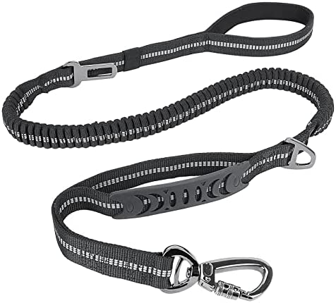Heavy Duty Dog Leash for Large Dogs,4-6Ft Bungee Dog Leash ,with Highly Reflective,Traffic Control Handle and Safety Lock,Durable Dog Car Seat Belt,Black