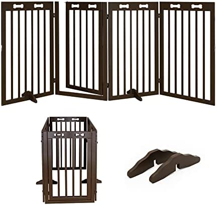 KOOPRO Freestanding Dog Gate Wooden Pet Gate for The House Doorways Stairs, Indoor Outdoor Foldable Pet Fence with 2Pcs Support Feet Safety Gates Extra Wide Dog Barrier, Expands Up to 80" Wide, 35" H