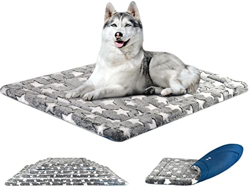 KROSER Fancy Dog Crate Pad Dog Bed Mat Reversible (Cool & Warm), Dog Bed Pad with Machine Washable, Dog Crate mat for Small to XXX-Large Dogs, Grey, Navy, Star Pattern