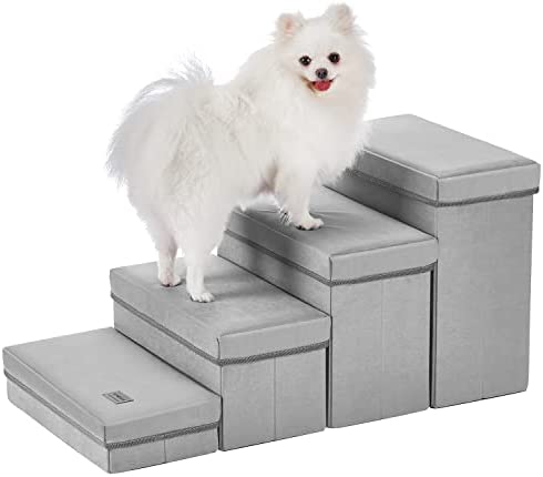LEMONDA 4 Tier Folding Dog Steps ,Foldable Dog Stairs with 4 Storage Boxes for High Bed Sofa Window Perch & Car,Pet Storage Stepper & Safety Ladder for Large Cats Dogs