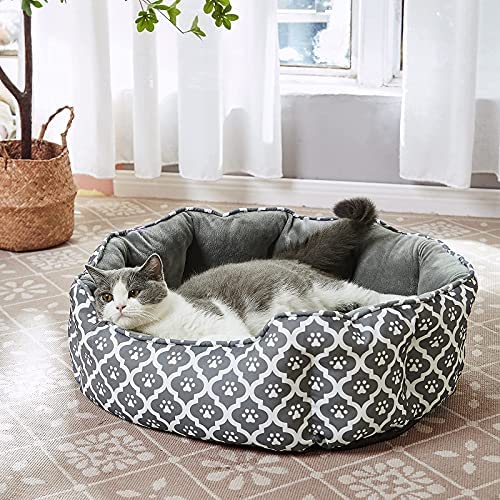LUCKITTY Cat Bed,Soft Velvet & Waterproof Oxford Two-Sided Cushion, Easy Washable,Oval Geometric Pet Beds for Indoor Big Cats or Small Dogs