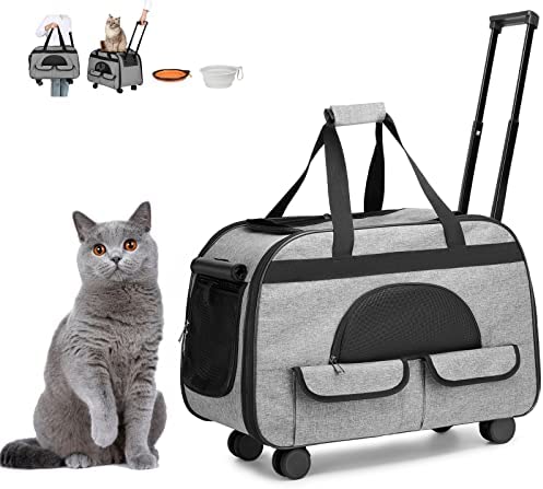 Large Rolling Cat Carrier with on Wheels, Small Dog Pet Car Travel Carrier Collapsible Bag with Rollers Wheels, Carrier for Cats under to 35 LBS/ Dog Puppy under 16 LBS ( Large Size, Not for Airplane)