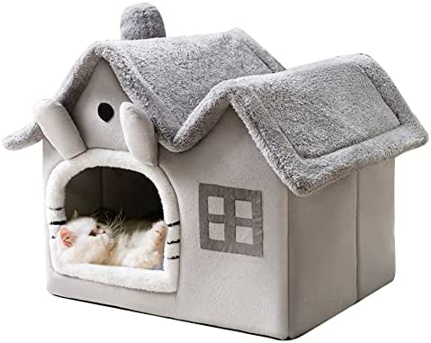 Luxury Double Roof Dog House Cat Nest with Removable Plush Cushion, Foldable Warm Soft Kennel Indoor