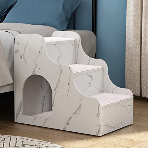 Megidok Wooden Dog Stairs Steps with Storage Drawer&Pet House&Soft Cushion, 3 Level Multifunctional Pet Stairs Steps for Small Medium Dogs, Dog Stairs for High Bed&Couch&Window Perch