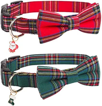 PTDECOR Christmas Dog Collar with Bow, Adjustable Christmas Plaid Dog Collars with Removable Bowtie Christmas Collars for Small Medium Large Dogs Pets