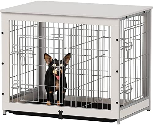 Piskyet Wooden Dog Crate Furniture for Small Medium Large Dogs, Dog Crate End Table with Tray, Double Doors Wire Wood Dog Kennel Indoor with Divider Panel, Pet Crate Table Cage for Dogs